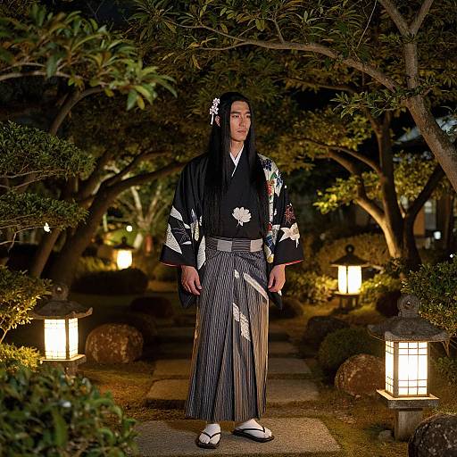 Photograph of a Japanese man in traditional black kimono with white floral patterns, striped hakama, and geta sandals, standing in a nighttime garden