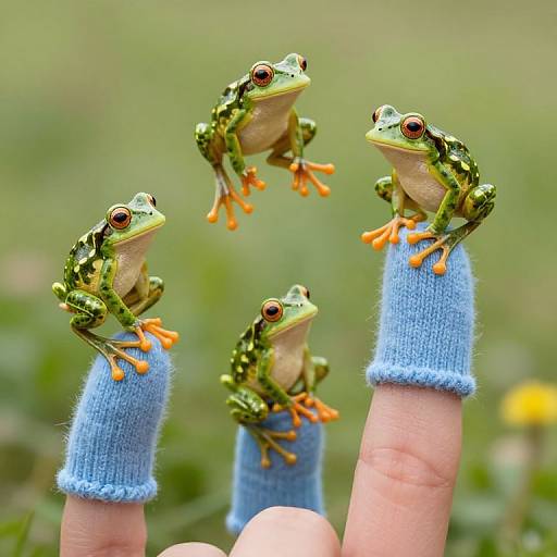 Photograph of three green tree frogs with orange toes, perched on blue fuzzy wristbands on three fingers, against a blurred grassy background.