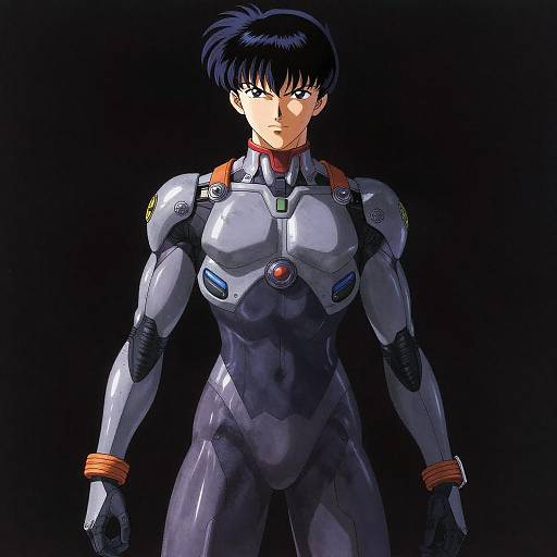 Anime-style digital drawing of a serious, black-haired male character in a sleek, gray futuristic bodysuit with orange accents and glowing blue and red details