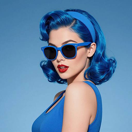 Photograph of a fair-skinned woman with vibrant blue hair, wearing blue sunglasses, matching headband, red lipstick, and blue tank top, set