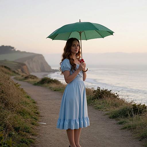 Photograph of a smiling woman with long brown hair, wearing a light blue dress, holding a green umbrella, standing on a coastal path at sunset.