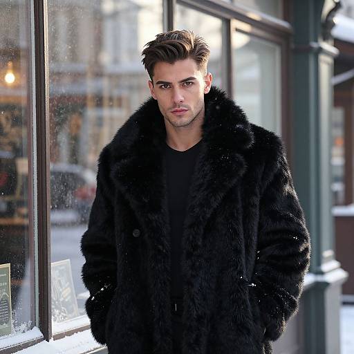 Photograph of a handsome, light-skinned man with short, styled brown hair, wearing a black fur coat, standing outside a glass-windowed building