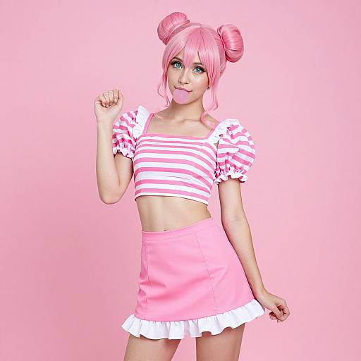 Digital CGI image of a cute, young woman with pink hair in double buns, wearing a striped pink top and pink skirt with white frill,