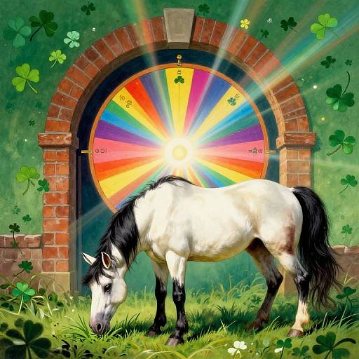 Photograph of a white horse with black mane and tail grazing in front of a vibrant, rainbow-colored, sunburst archway with brick frame and green