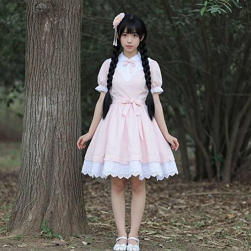 Photograph of an Asian girl with long black braids, wearing a pink dress with white lace trim, white shoes, and a flower hairpin,