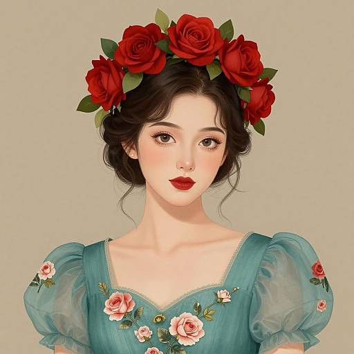 Digital illustration of an Asian woman with fair skin, dark wavy hair, wearing a red rose crown, teal dress with floral embroidery, and red lipstick