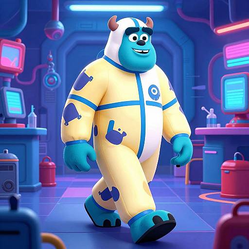 Digital cartoon of a blue, horned, anthropomorphic character in a yellow, blue-accented spacesuit, walking in a futuristic, neon-l