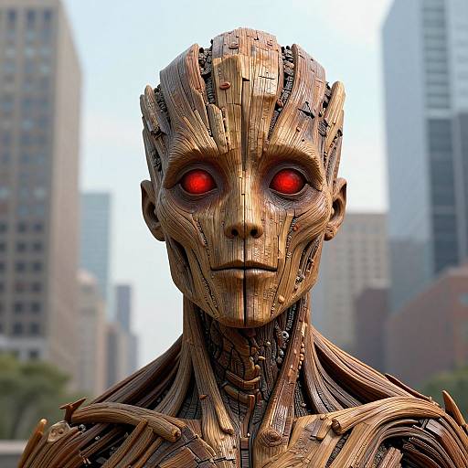 Photorealistic CGI of a metallic, wood-textured humanoid robot with glowing red eyes, set against a blurred urban skyline.