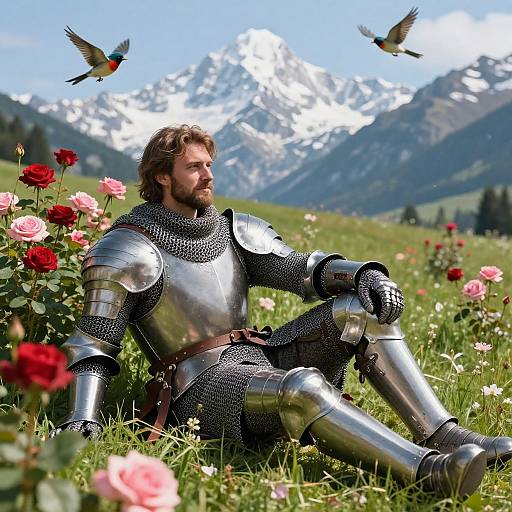 Brave Knight Resting in Rose Meadow