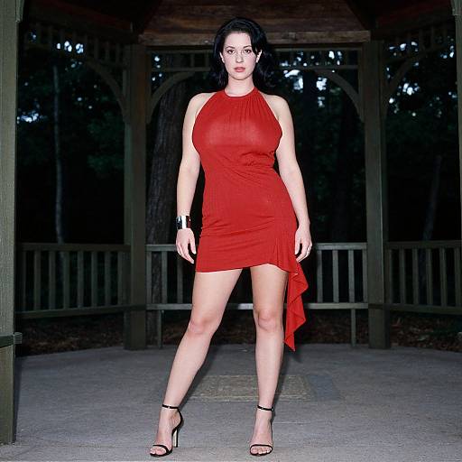 Photograph of a curvy woman with fair skin, black hair, and red dress, standing confidently in a dimly lit wooden gazebo. She