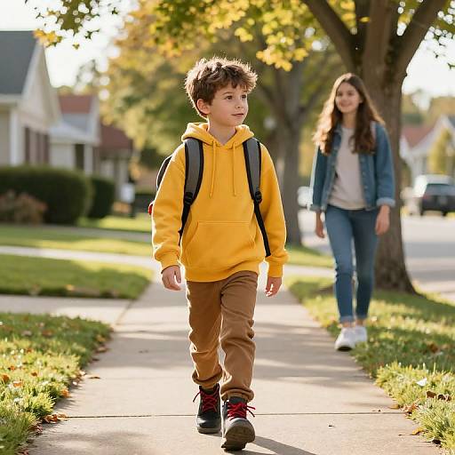 Confident Boy Walking on Sunny Sidewalk