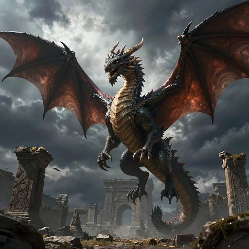Digital artwork of a massive, dark, red-scaled dragon with glowing eyes, towering over ancient, ruined stone pillars under a stormy, cloudy sky