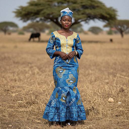Photograph of an African woman in a blue, patterned, long dress with yellow lace, standing in a dry, grassy field, wearing a