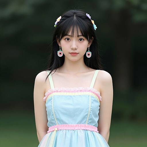 Young Asian woman with long black hair, white flower headband, blue dress with pink trim, pink earrings, standing in a green forest. Photoreal