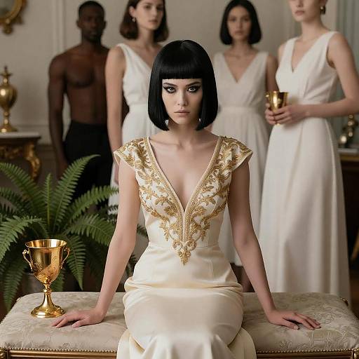 Elegant woman in gold embroidered dress with group in formal setting