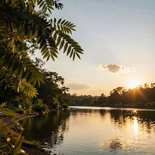 Sunset over a calm lake, reflecting golden light, with leafy branches on the left and silhouetted trees in the background.