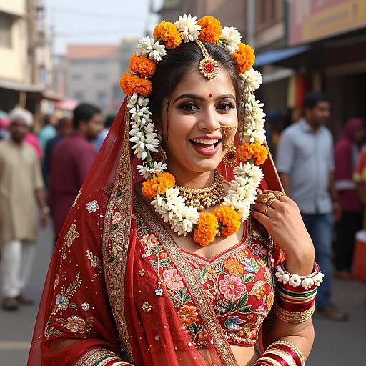 Photograph of a smiling Indian bride in a red, gold-embroidered sari, adorned with marigold and white flower garlands,