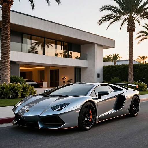 Photograph of a sleek, silver Lamborghini Aventador with black accents and red brake calipers parked in front of a modern, white, two