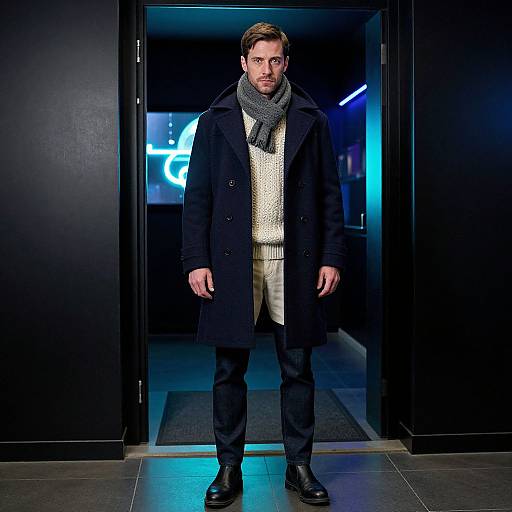 Photograph of a bearded man with short brown hair, wearing a black overcoat, gray scarf, white sweater, black pants, and boots,