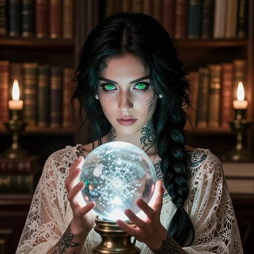 Photograph of a pale-skinned woman with long black hair, green glowing eyes, wearing a white lace dress, holding a glowing snow globe in a