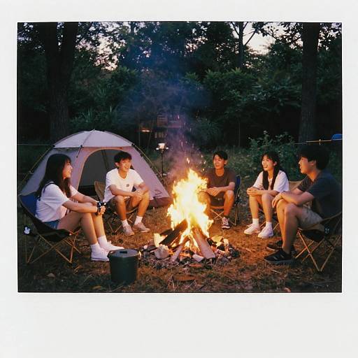 Photograph of six young adults, three men and three women, sitting around a campfire at dusk, in front of a gray tent, in a