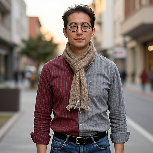 Photograph of an Asian man with short black hair, glasses, wearing a split-colored shirt, beige scarf, and blue jeans, standing on a blurred