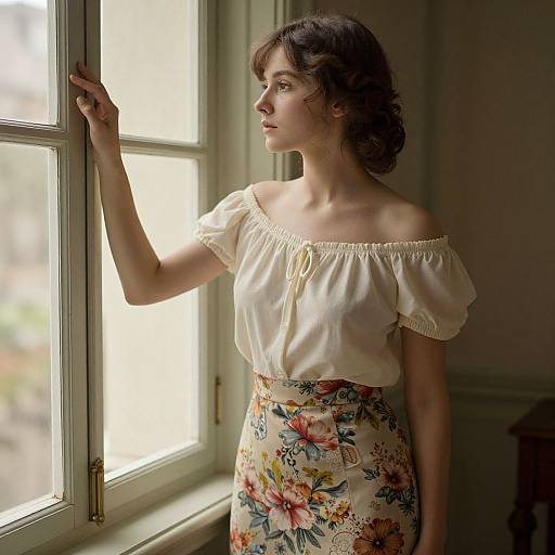 Photograph of a young woman with fair skin and brown wavy hair, wearing an off-shoulder cream blouse and floral skirt, gazing out