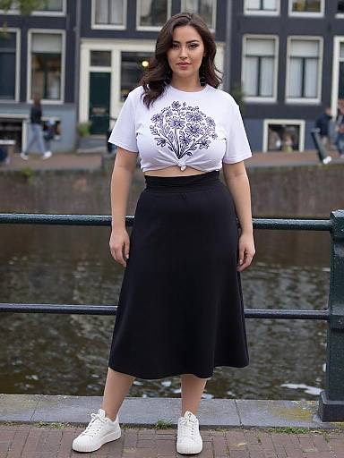 Photograph of a confident woman with dark wavy hair, wearing a white graphic tee and black skirt, standing by a canal in front of Dutch-style