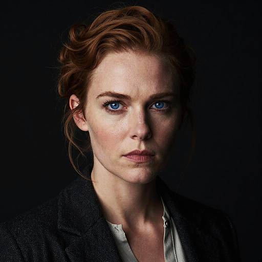 Photograph of a serious, fair-skinned woman with striking blue eyes, brown wavy hair, wearing a dark blazer over a white shirt,