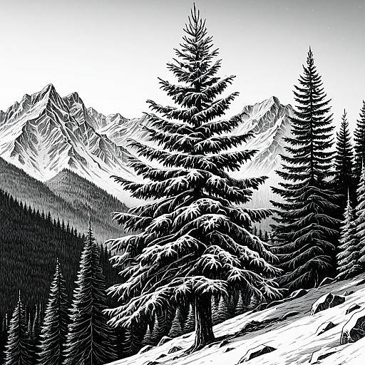 Winter Mountain Landscape with Evergreen Tree