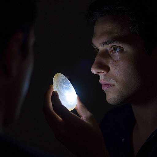 Photograph of a young man with dark hair and fair skin, holding a glowing, translucent orb in his right hand, illuminated against a dark background.