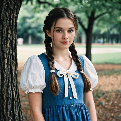 Young Woman with Twin Braids in Blue Dress Outdoors