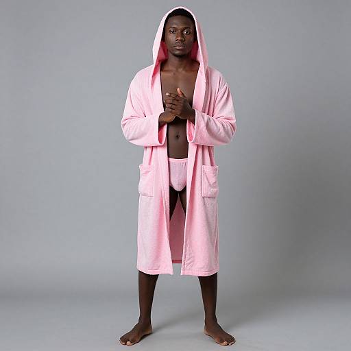 Photograph of a tall, dark-skinned man standing barefoot, wearing a pink bathrobe open to reveal pink underwear, against a plain gray background