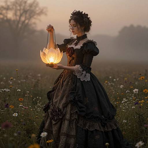 Photograph of a Victorian-style woman in a black lace dress holding a glowing lantern in a misty meadow at dusk.