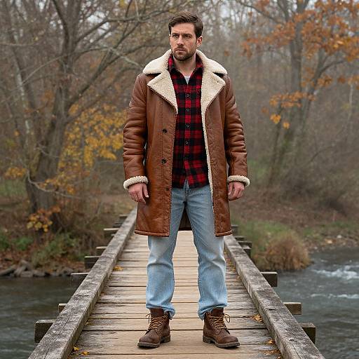 Photograph of a bearded man in brown coat with shearling collar, red plaid shirt, blue jeans, brown boots, standing on a wooden