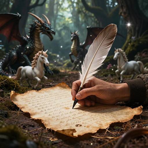Hand writing with a white feather quill on parchment in a mystical forest, surrounded by dragons and white unicorns.