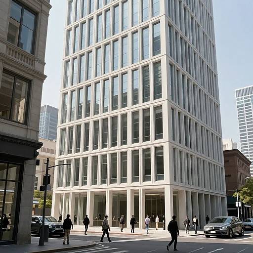 Photograph of a modern, white, glass-paneled high-rise building corner in a bustling urban street, with pedestrians and cars below.