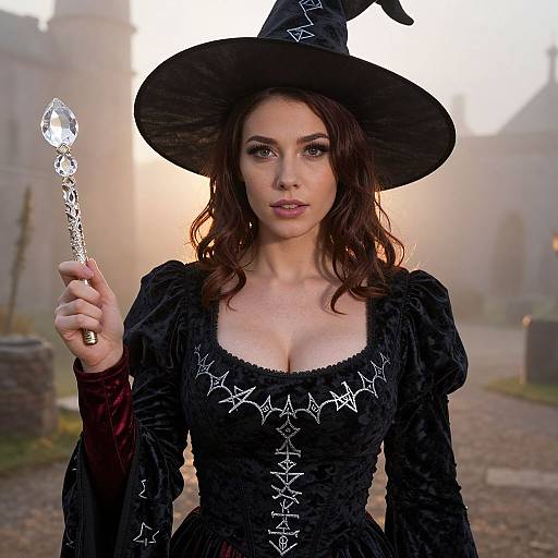 Photograph of a brunette woman in a black witch costume with star embroidery, holding a crystal wand, standing in a foggy graveyard.