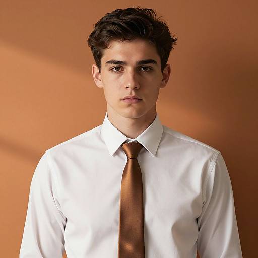 Photograph of a young man with short dark hair, wearing a white shirt and brown tie, against an orange background.