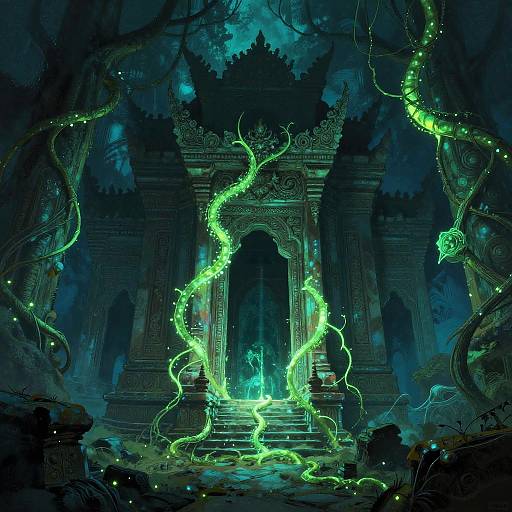 Bioluminescent Vines on Temple Ruins