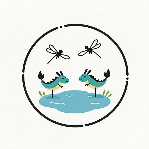 Cartoon drawing of two blue-green birds with black-tipped wings and yellow beaks, standing in a blue pond, surrounded by a black circle with