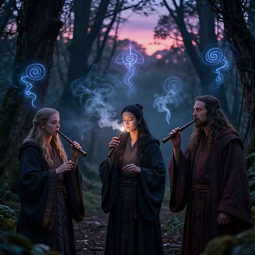Photograph of three long-haired, forest-dressed individuals smoking pipes, surrounded by blue, mystical smoke patterns in a twilight forest.
