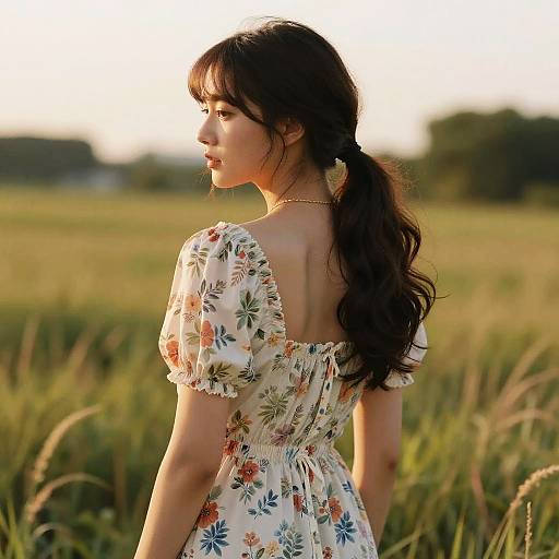 Photograph of an Asian woman with long black hair in a ponytail, wearing a floral off-shoulder dress, standing in a sunlit field