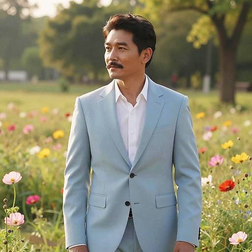 Photograph of an Asian man with short black hair and mustache, wearing a light blue suit over a white shirt, standing in a sunlit field