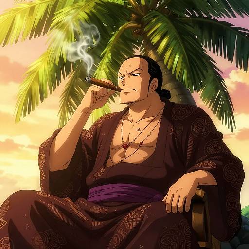 Anime-style digital drawing of a muscular, bald man in a black kimono, smoking a cigar under a sunset palm tree.