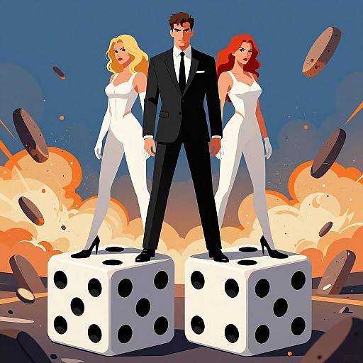 Dynamic Trio on Oversized Dice Illustration