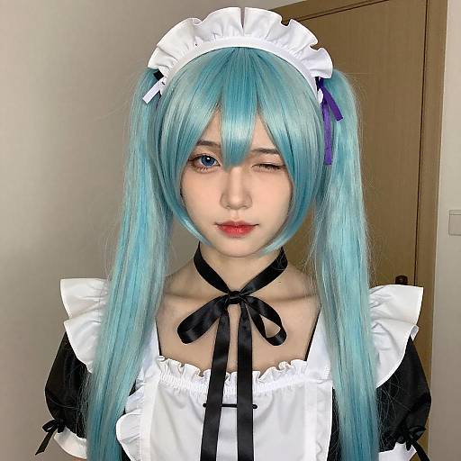 Shy Asian Maid with Light Blue Twin-Tails