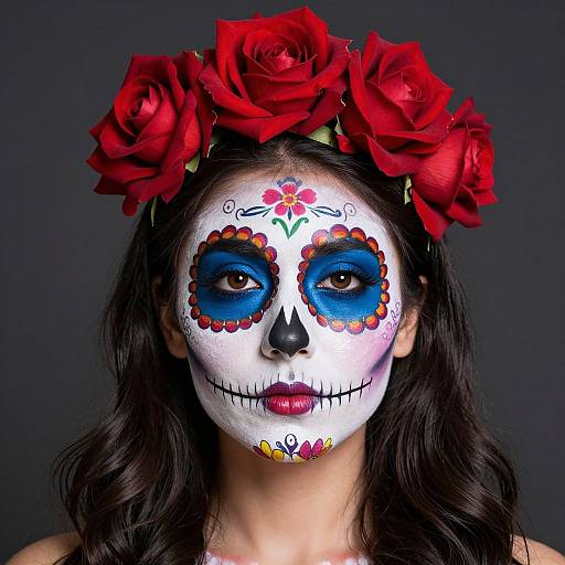 Photograph of a woman with white face paint, blue eye circles, red flower designs, black nose, red lipstick, wearing a red rose crown,