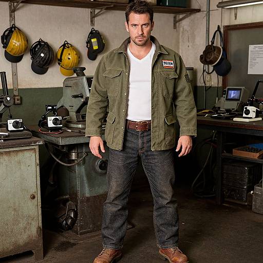 Photograph of a bearded, muscular man in an olive green jacket, white shirt, and blue jeans standing in a cluttered workshop with helmets on