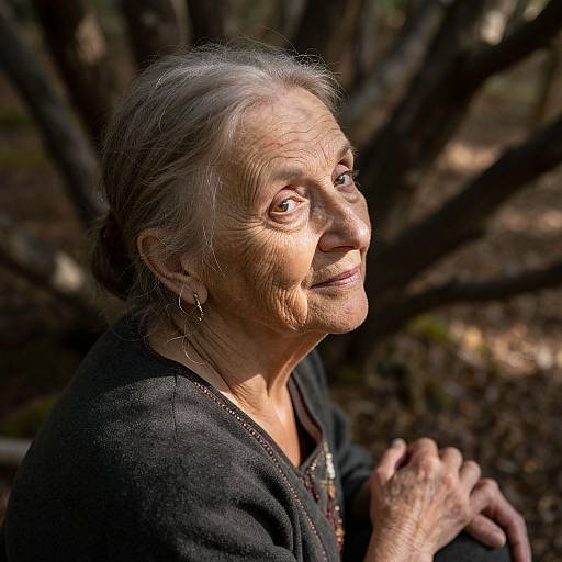 Photograph of an elderly woman with gray hair, wrinkled skin, and brown eyes, wearing a black top, smiling gently in sunlight, surrounded by